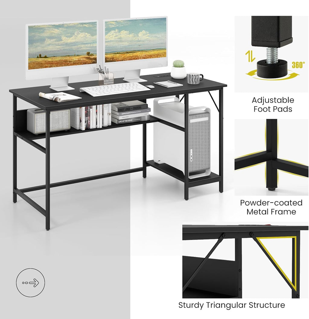 Tangkula 55 Inch Computer Desk with Power Outlets & USB Ports, Home Office Desk with Built in Charging Station with Switch, Computer Workstation Writing Study Desk with Storage Shelf & CPU Stand