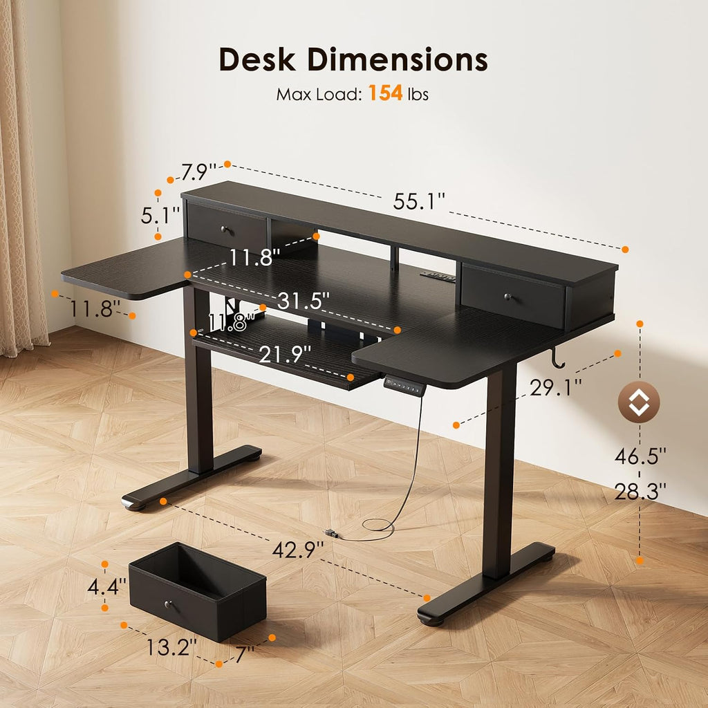 OffiGo U Shaped Electric Standing Desk with Drawers, 55 Inch Height Adjustable Desk with Keyboard Tray ＆ Ergonomic Monitor Stand, Sit Stand Table with Power Outlets for Home, Office, Black