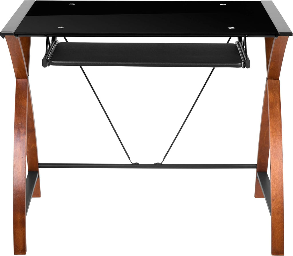 EMMA + OLIVER Black Glass L-Shape Corner Computer Desk with Pull-Out Keyboard Tray