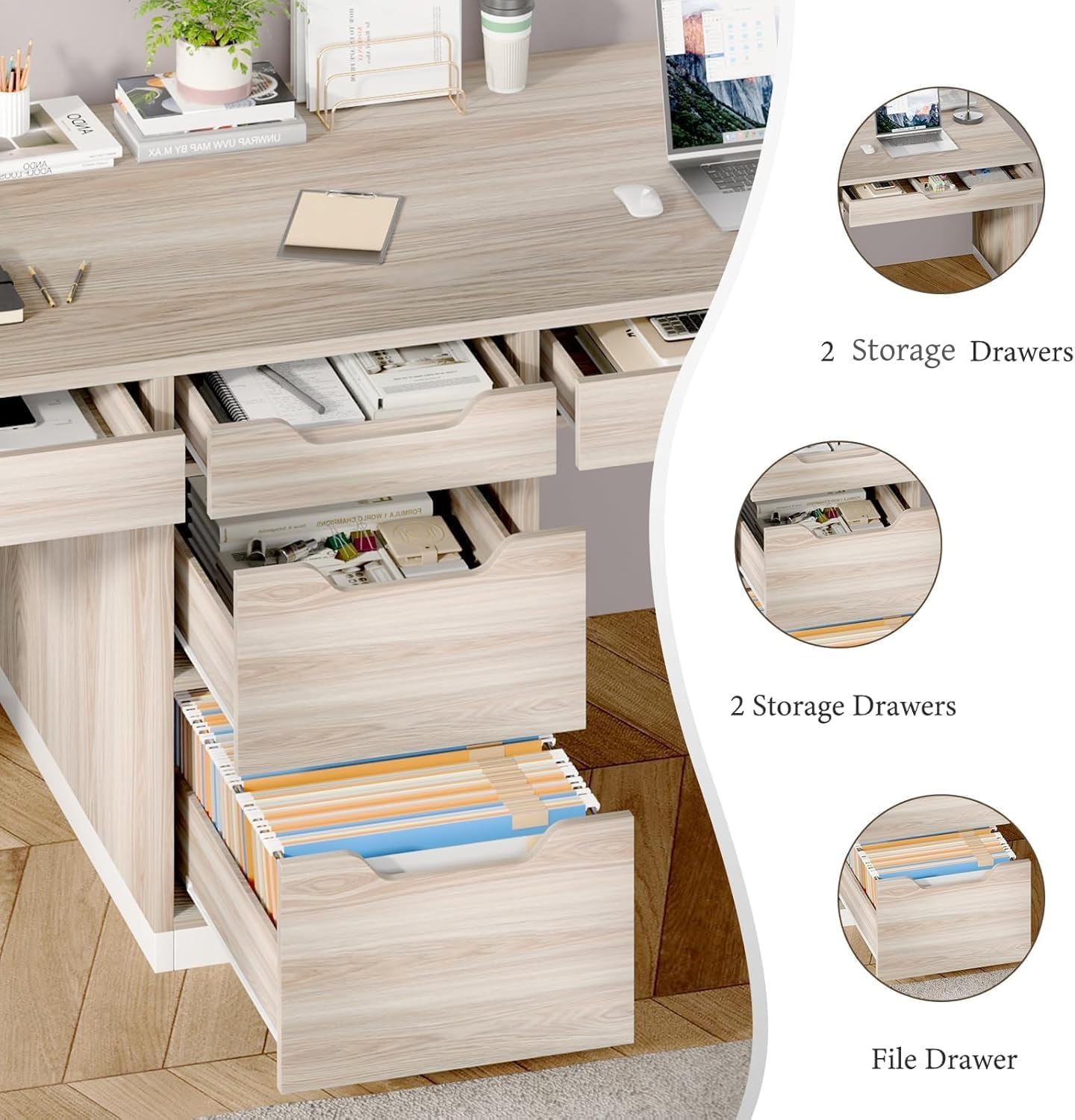 MaverickFurni Two Person Desk with 5 Drawers, Double Desk with Storage for 2 People, 78 Inch Extra Long Computer Desk Workstation with File Drawer for Home Office, White and Walnut