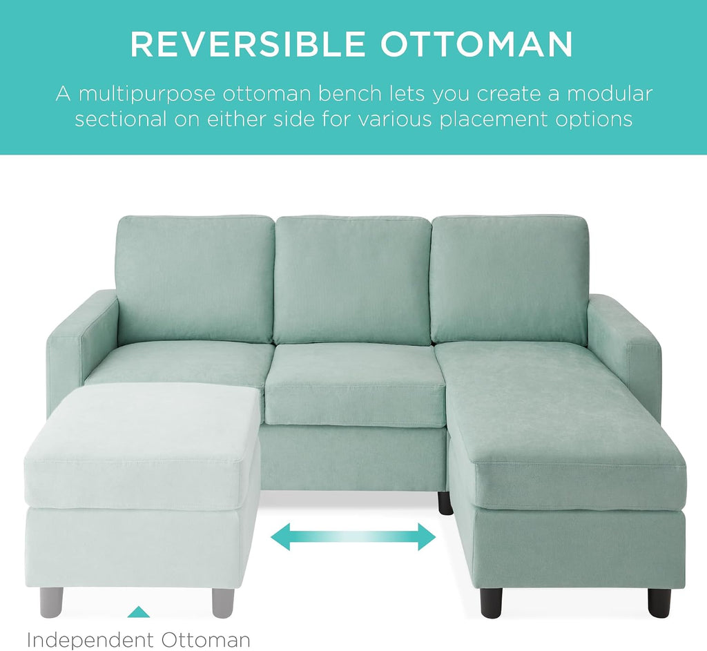 Best Choice Products Upholstered Sectional Sofa for Home, Apartment, Dorm, Bonus Room, Compact Spaces w/Chaise Lounge, 3-Seat, L-Shape Design, Reversible Ottoman Bench, 680lb Capacity - Aqua