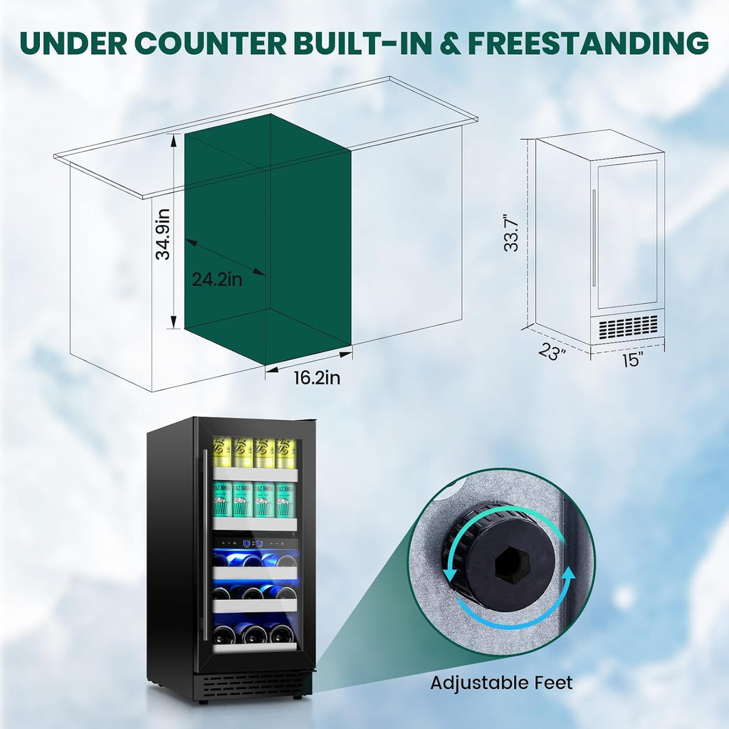 15 Inch Wine and Beverage Refrigerator,13 Bottle & 48 Cans Black Dual Zone Beverage Refrigerator,Under Counter Beverage Fridge with Glass Door,Control Panel for Wine Soda,Beer-Kitchen Home