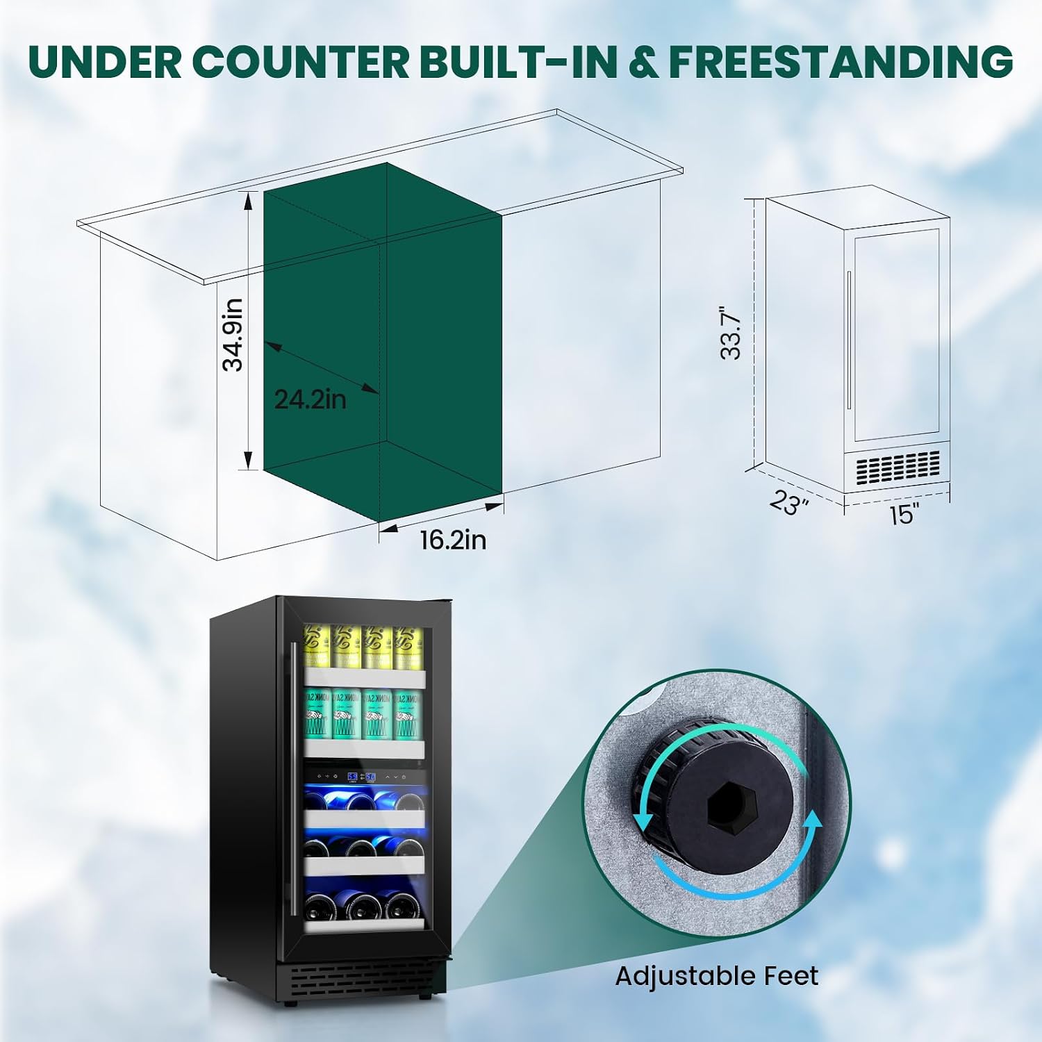 15 Inch Wine and Beverage Refrigerator,13 Bottle & 48 Cans Black Dual Zone Beverage Refrigerator,Under Counter Beverage Fridge with Glass Door,Control Panel for Wine Soda,Beer-Kitchen Home