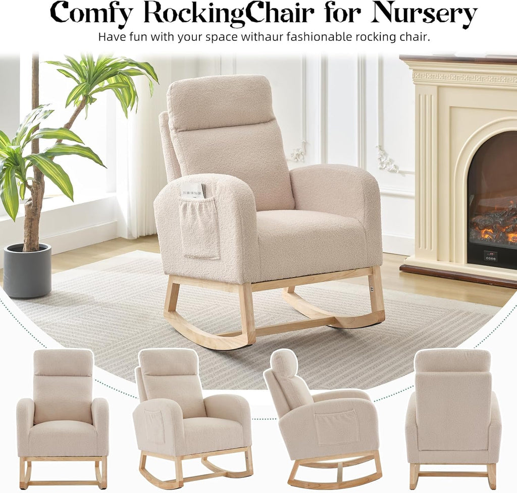 Nursery Glider Rocking Chair with 2 Side Pockets - Solid Wood Legs, Cozy Armchair for Baby Room, Living Room, Bedroom, Comfortable Nursery Essential(Beige)