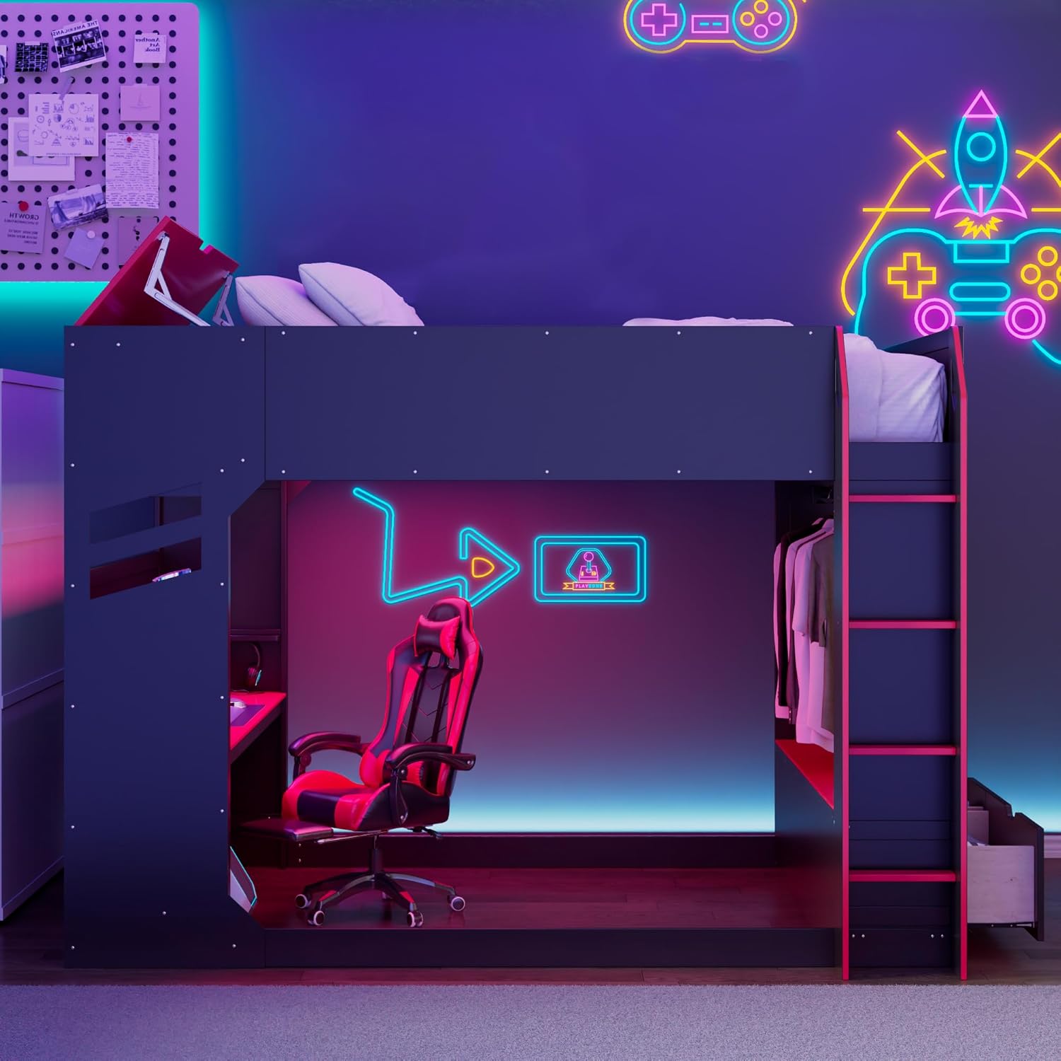 Merax Wood Loft Bed with Height-Adjustable Desk,Drawers,Storage Compartments,Hanging Rod and RGB Lights, Full Size, Red