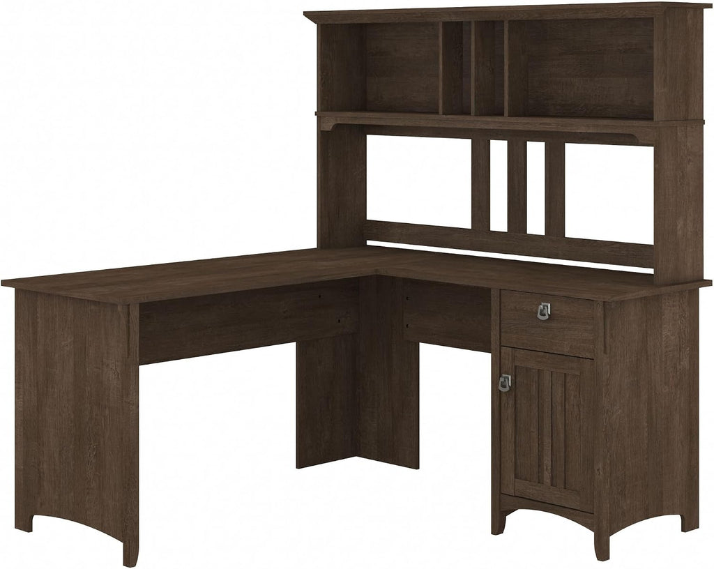 Bush Furniture Salinas L Shaped Desk with Hutch in Ash Brown, Corner Table with Drawers and Storage for Home Office