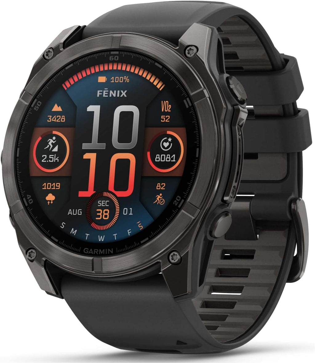 Garmin Fenix 8 51 mm, AMOLED Multisport GPS Smartwatch, Sapphire, Carbon Gray DLC Titanium with Black/Pebble Gray Silicone, Built-in LED Flashlight, Voice Control Black Earbuds Bundle