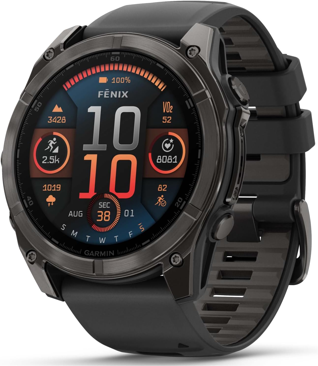 Garmin Fenix 8 51 mm, AMOLED Multisport GPS Smartwatch, Sapphire, Carbon Gray DLC Titanium with Black/Pebble Gray Silicone, Built-in LED Flashlight, Voice Control White Earbuds Bundle