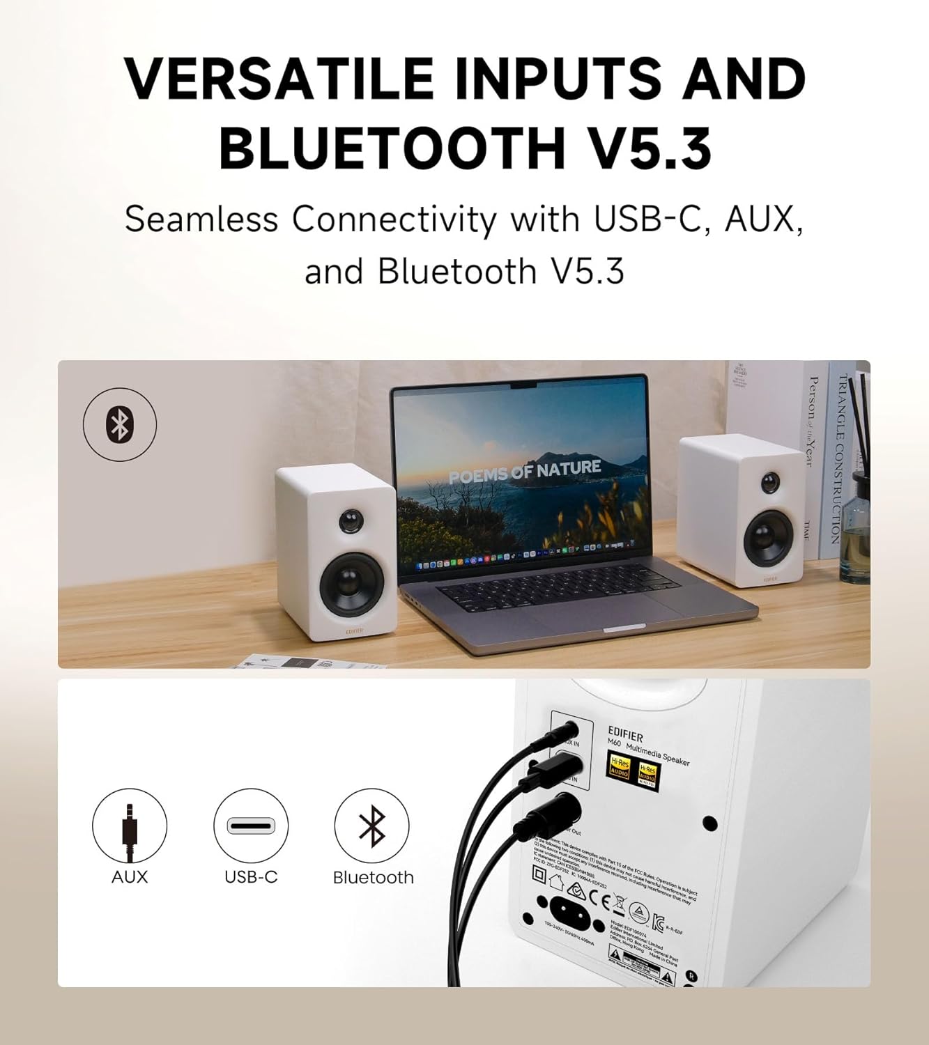 Edifier M60 Multimedia Speaker Bluetooth 5.3, 66W RMS, Hi-Res Audio & Hi-Res Wireless Audio, LDAC,3' Mid Bass & 1' Tweeter, USB-C & Aux Inputs, Compact Desktop Speaker - White