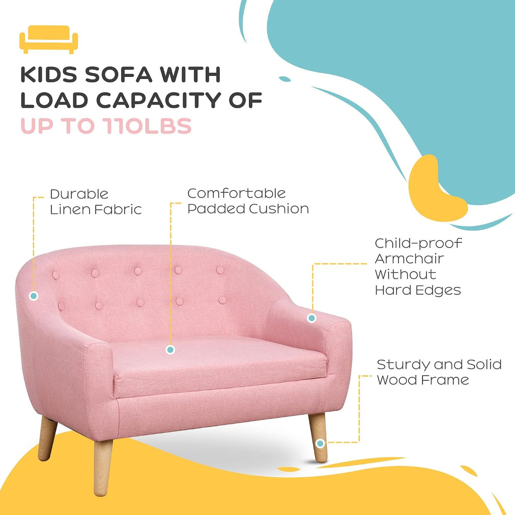 Qaba 2-Seat Kids Sofa, Toddler Sofa Couch, Linen-Like Fabric and Wooden Frame Sofa Chair for Ages 3-7, 11' High Seat, Pink