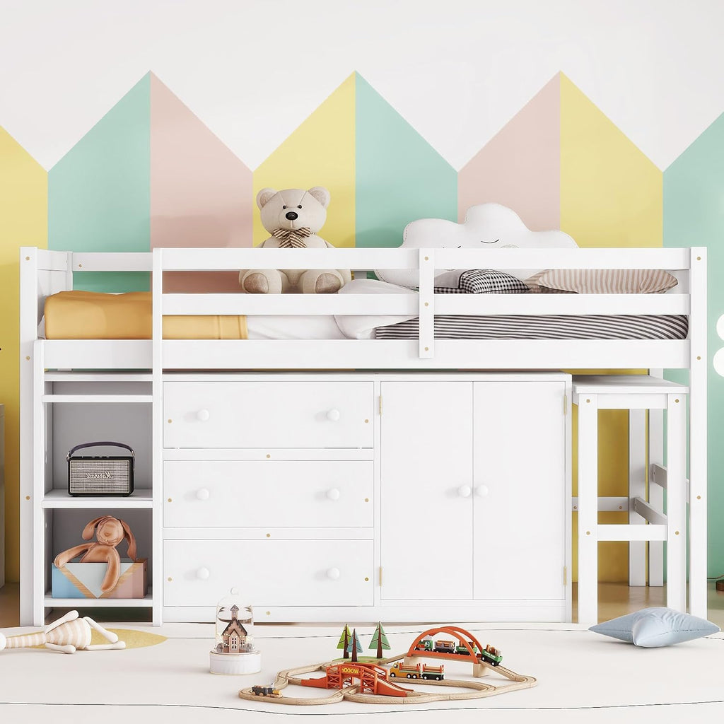 SOFTSEA Twin Size Low Loft Bed with Pull-Out Desk and Drawers, Loft Bed with Cabinet and Shelves, Wood Loft Bed Frame with Support Slats, White
