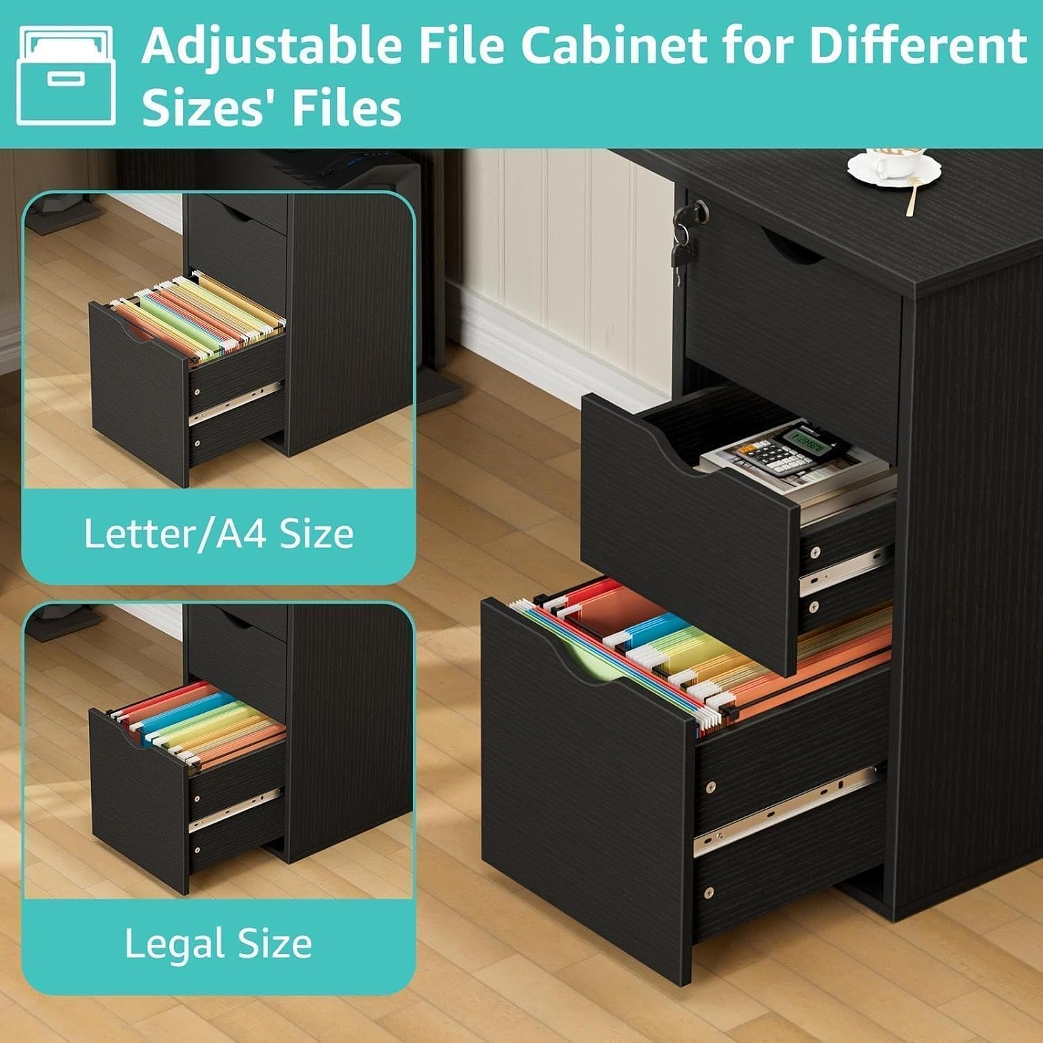 WINAZ Black L Shaped Office Desk with Lockable Drawers, 66 Inch Wood Executive L-Shaped Computer Desk with File Cabinet Storage & Power Outlet, Modern Large Corner Desks with Filing Cabinets