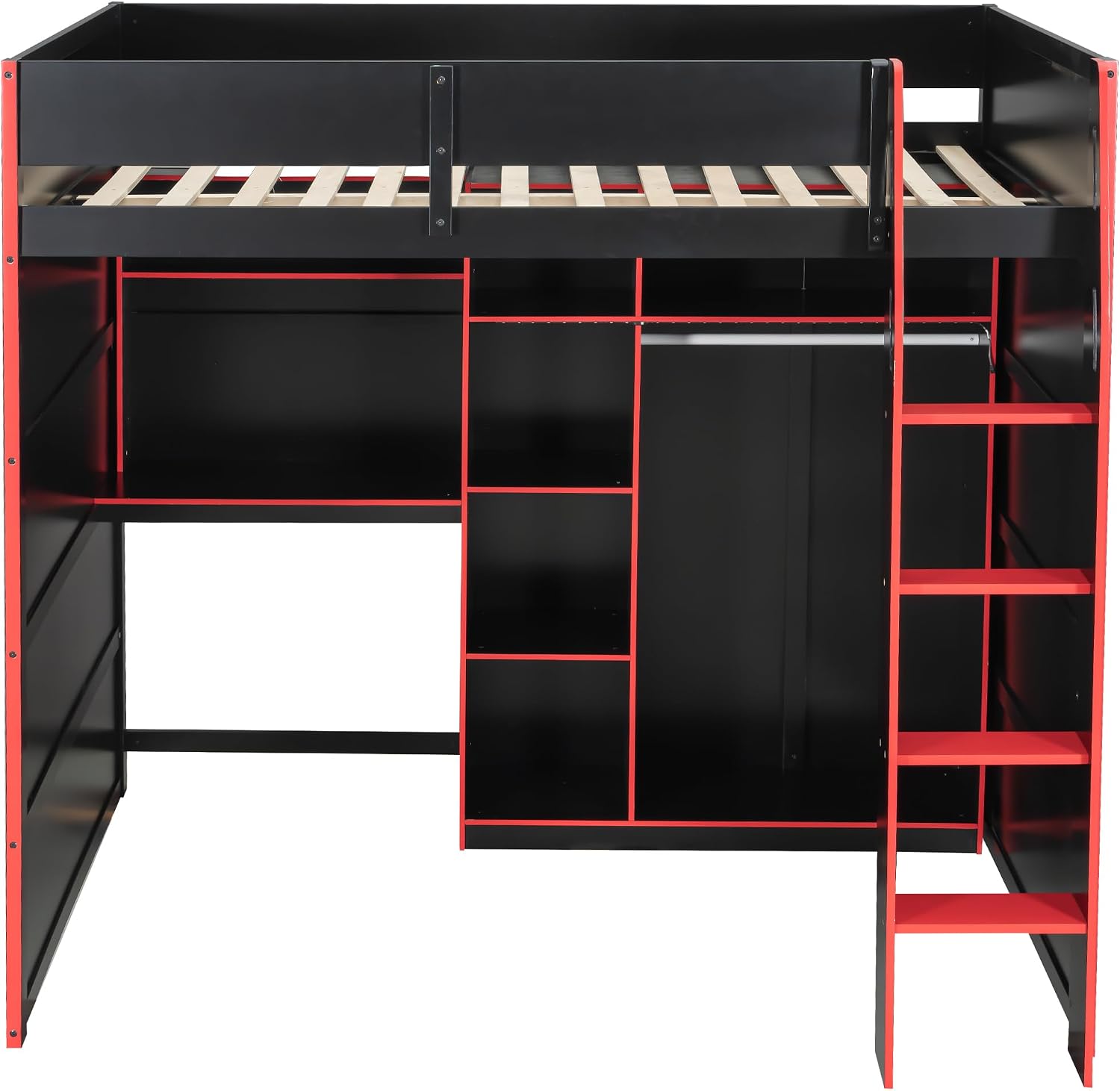 Merax Wood Loft Bed with Desk, Open Wardrobe, Storage Compartments and RGB Lights, Full Size, Red