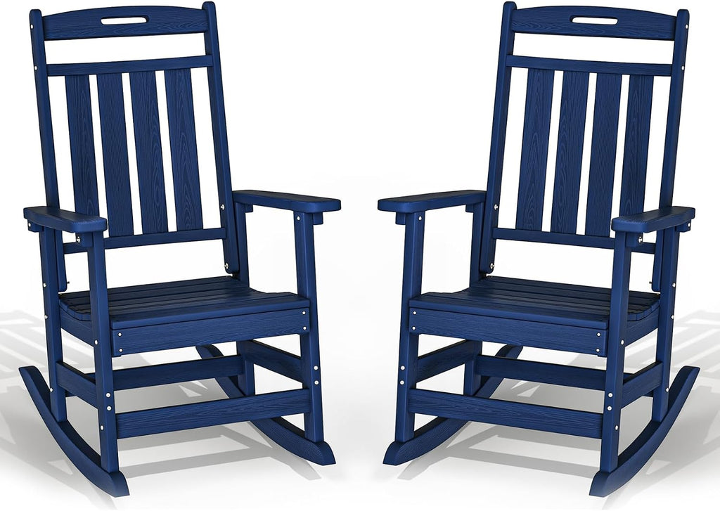 Plawdlik Oversized Outdoor Rocking Chair - All-Weather Resistant,HDPE Heavy Duty Patio Rockers with High Back - Perfect for Porch,Garden,Modern Style Set of 2-Navy Blue