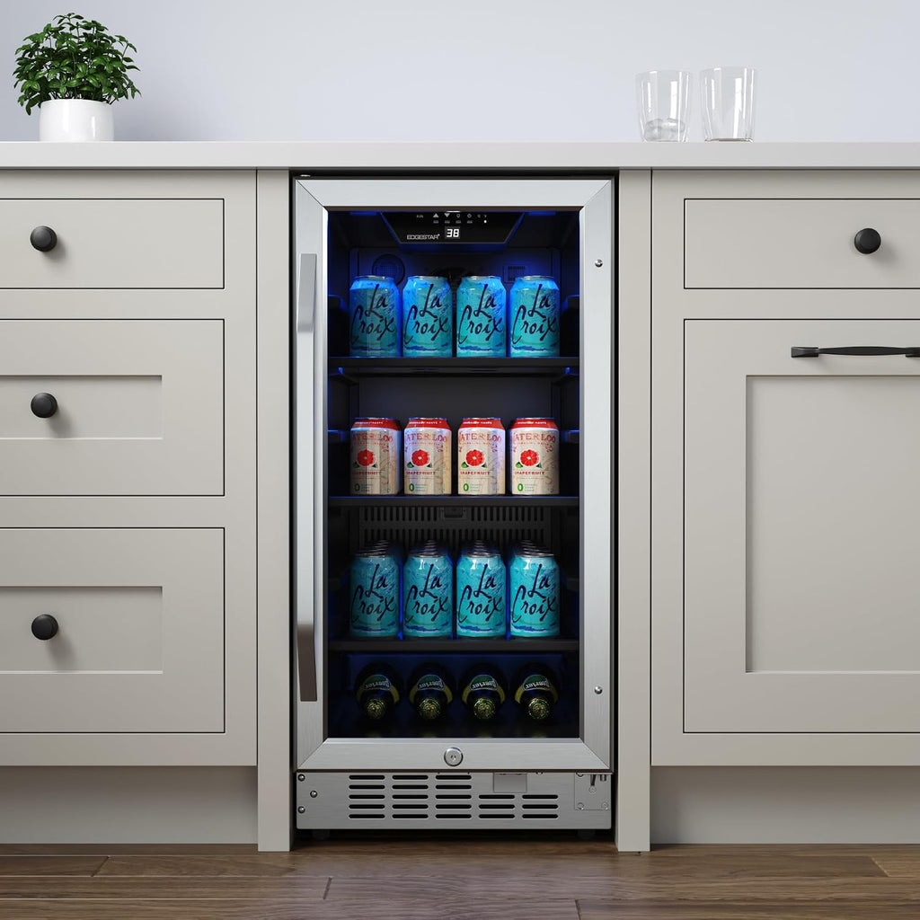EdgeStar CBR902SG 15 Inch Wide 80 Can Built-In Beverage Cooler with Blue LED Lighting