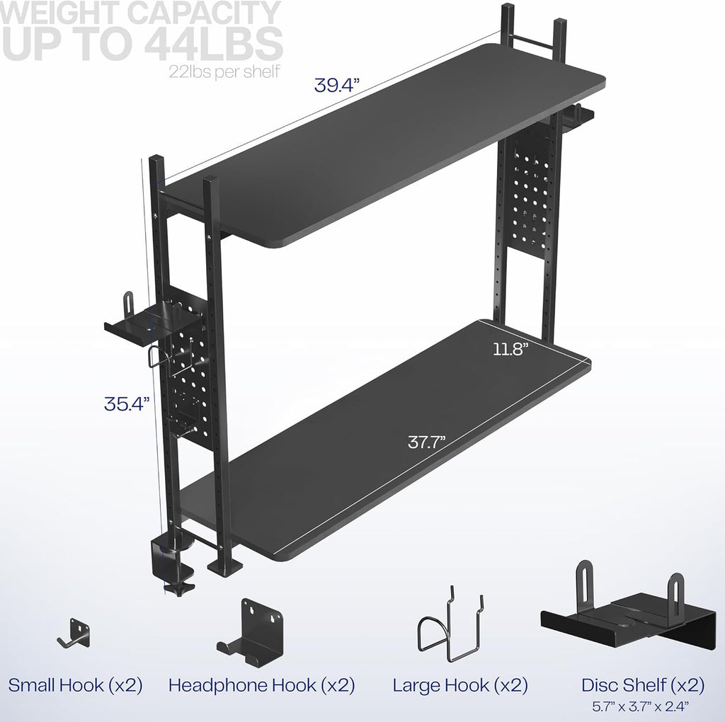 VIVO Clamp-on 40 inch 2-Tier Shelving Unit with Pegboard for Table Accessories, Gaming Devices, and More, Desktop Organizer, Black, DESK-SHELF40G