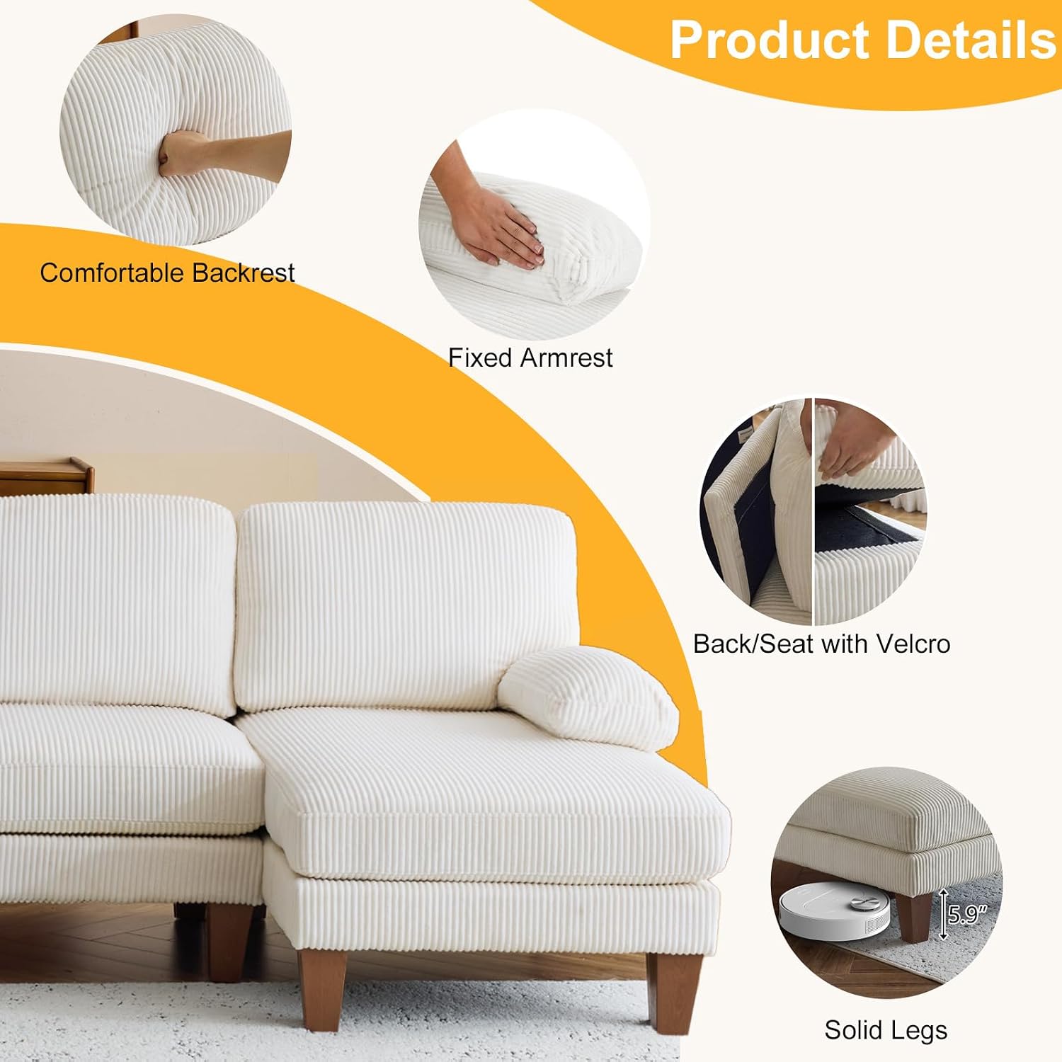Karl home U-Shape Sectional Sofa Couch 111' Modern 4-Seat Sofa with Chaises Corduroy Fabric Upholstered Covertible Couch with Wood Grain Legs for Living Room, Reception Room, Apartment, Beige