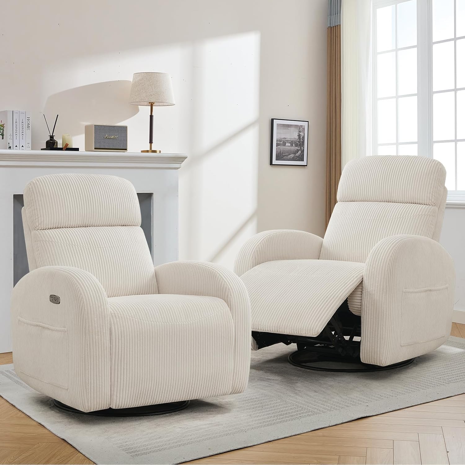 Power Nursery Glider Recliner, Swivel Glider Recliner with USB & Type-C Port, Swivel Reclining Nursery Rocker with Double Pockets for Living Room, White,Corduroy