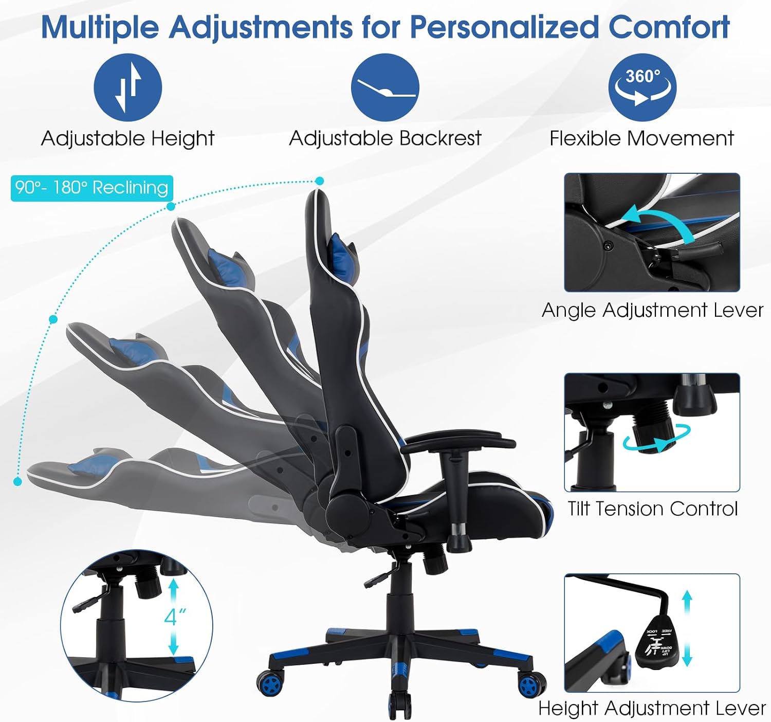 Tangkula Gaming Desk and Chair Set, Ergonomic Gamer Desk & Racing Chair Set Cup Holder, Headphone Hook, Handle Rack & Monitor Stand, Massage & Headrest, Home Office Computer (Blue)