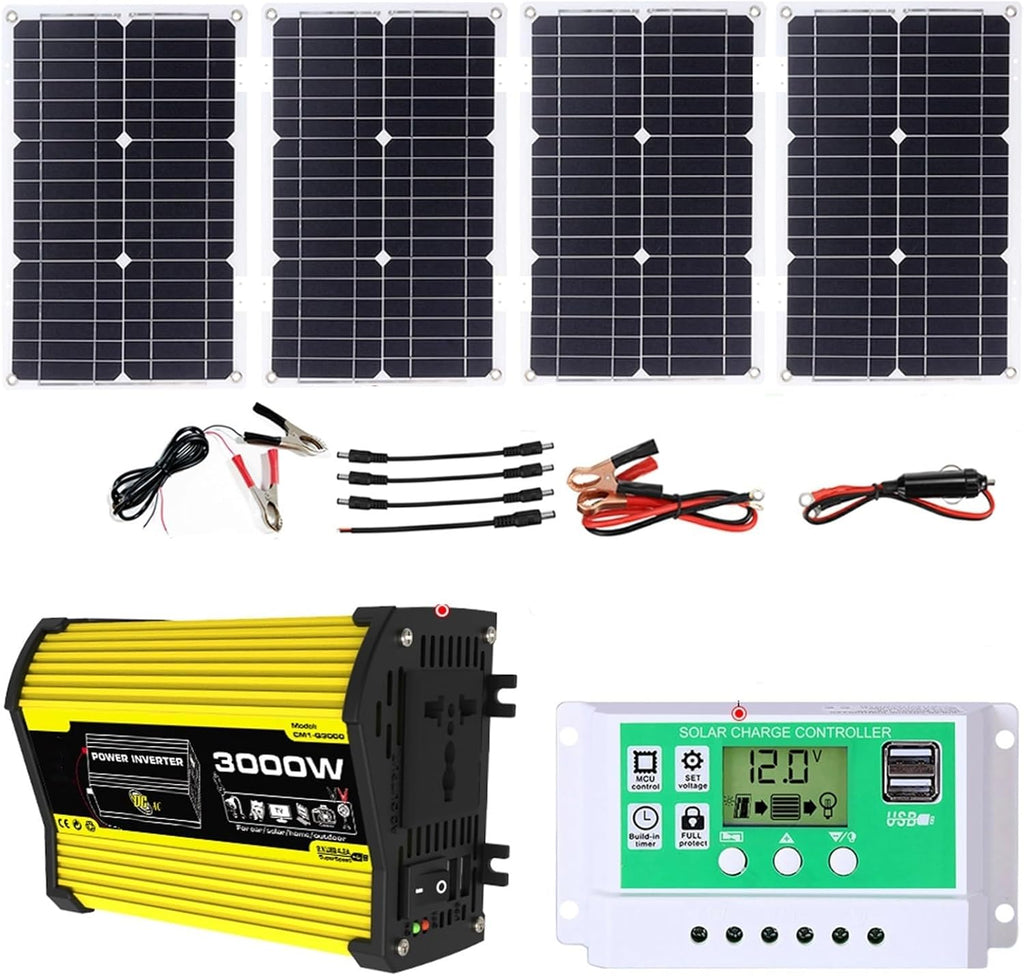 3000 Watt Solar Panel Controller and Inverter Solar Panel Kits with Adjustable Solar Panels Home Solar System Kits Fast Charge Complete Solar Panel Kits for RVs(Yellow,12V-110V)