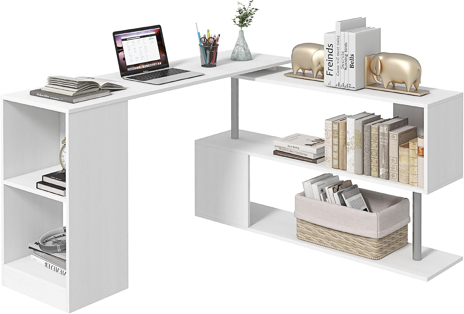HOMCOM 55' 360° Rotating Corner Computer Desk Modern L-Shaped Home Office Workstation with 3-Tier Storage Shelves, Bookshelf, White