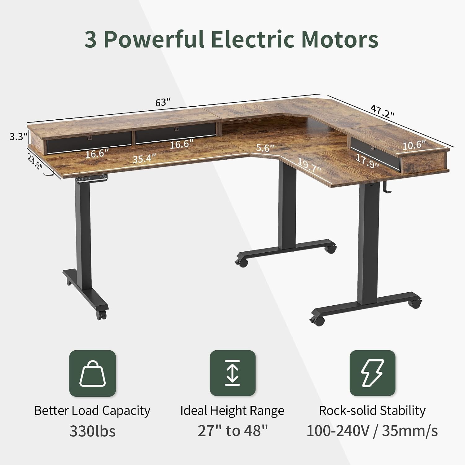 FEZIBO L Shaped Standing Desk with Drawers, Exclusive Upgraded 3 Motors Support 330LBS, Electric Height Adjustable L Standing Desk with Large Monitor Stand, Rustic Brown
