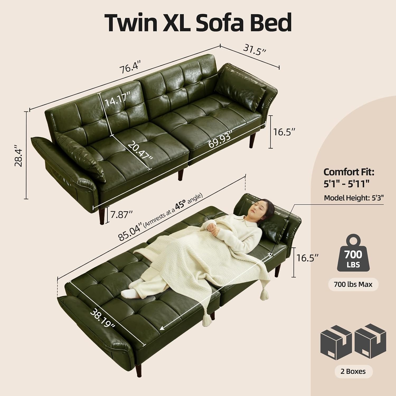 HALLYBEE Futon Sofa Bed, Sleeper Sofa, Small Couch with Storage Adjustable Armrests Pillows, Faux Leather Loveseat, Mid Century Modern Couches for Living Room, Bedroom, Apartment, Olive Green