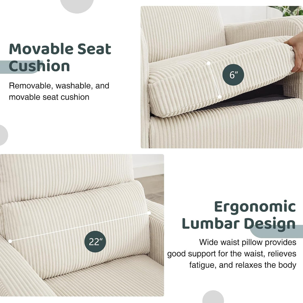 Swivel Rocker Recliner, Oversized Power Recliner Glider with Removable Cushion, Upholstered Swivel Reclining Nursery Chairs for Living Room Bedroom, Corduroy White