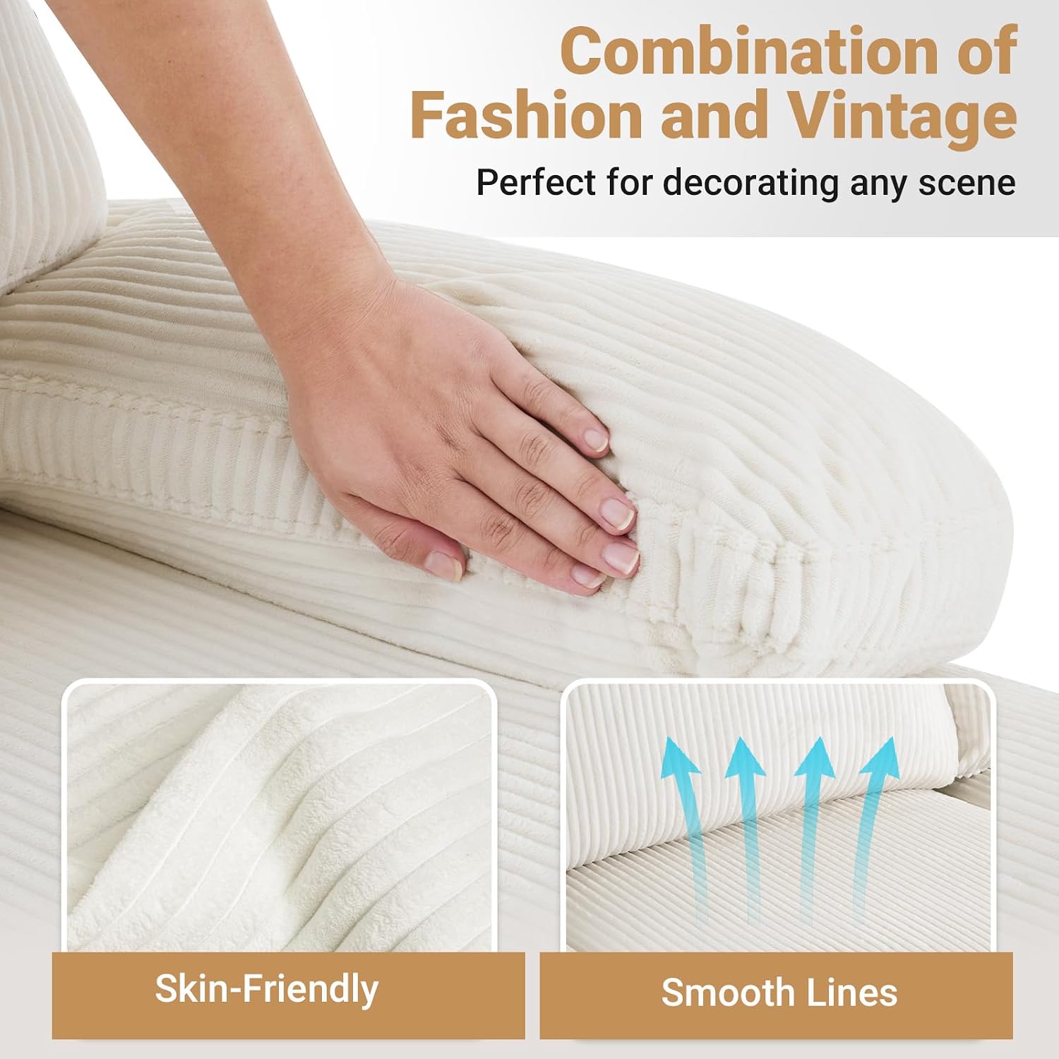 VINGLI 110' U Shaped Comfy Sectional Couch, Double Chaise Sofa in Corduroy Fabric for Apartment, 4-Seater Upholstered Couch with Memory Foam, Modern Couches for Living Room, Small Space, Beige
