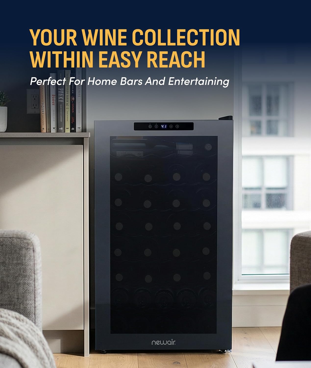 NewAir 20' Wine Fridge for 51 Bottles | Built-In or Freestanding Wine Cooler Refrigerator with Glass Door | Mirrored Double-Pane Design, Compressor Cooling & Adjustable Shelves | Black