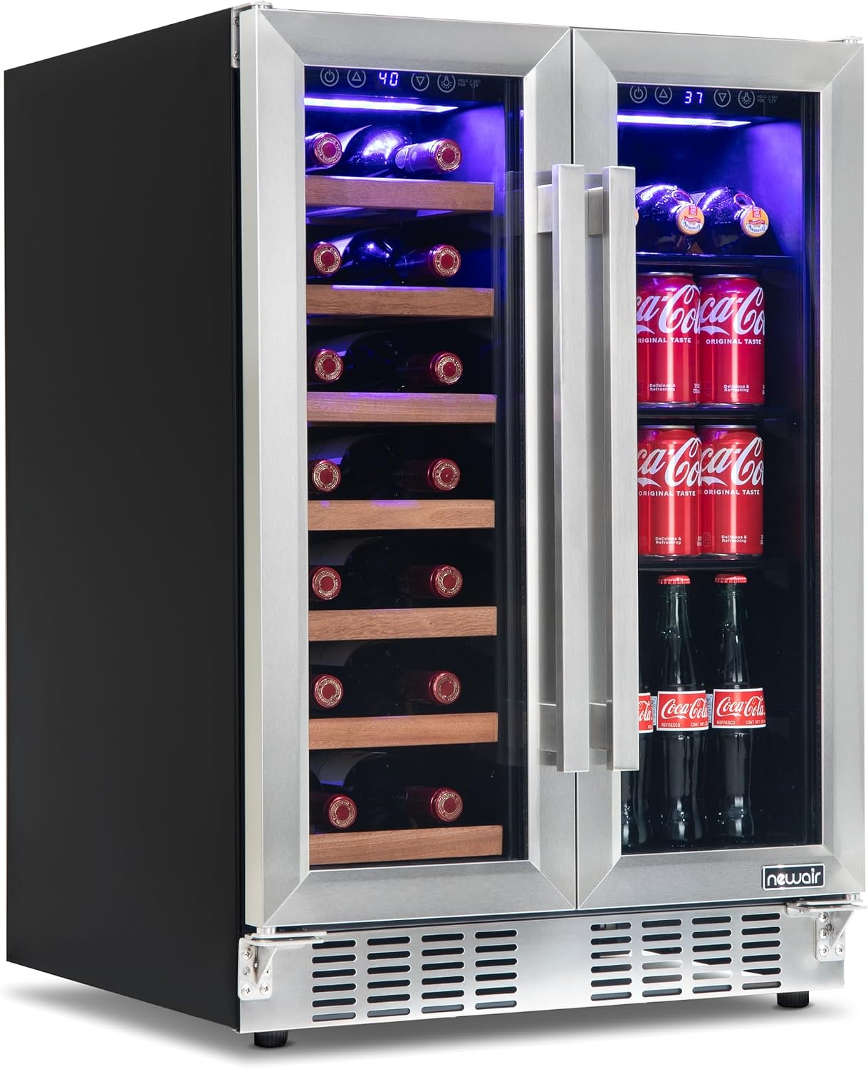 NewAir 24' Dual Zone Beverage Refrigerator & Wine Cooler for 20 Bottles & 78 Cans | Freestanding or Built-In Under Counter Mini Fridge for Beer, Wine and Soda | Stainless Steel