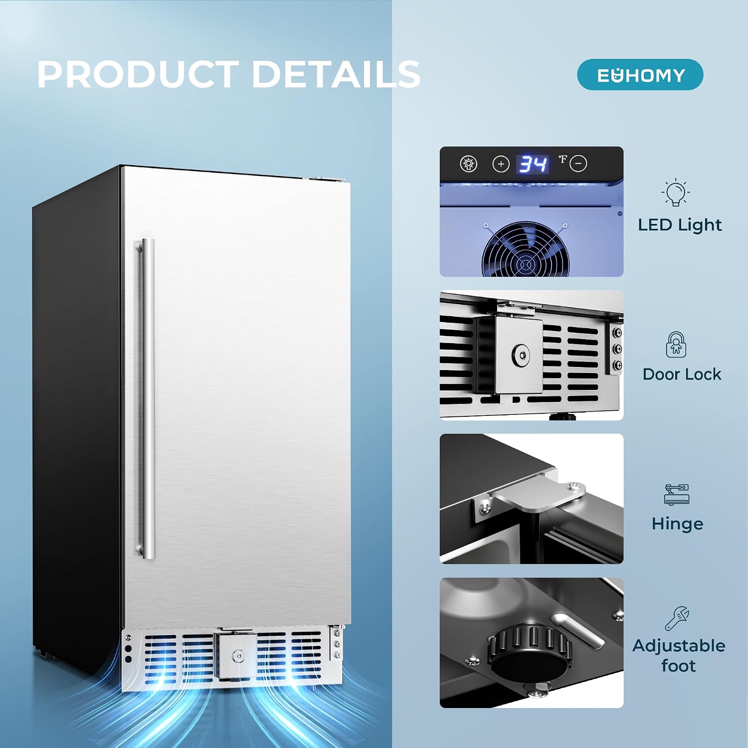 EUHOMY 15 Inch Under Counter Beverage Refrigerator, 125 Can Beverage Fridge with Stainless Steel Door for Beer Wine Soda, Beverage Cooler Built-in and Drink Fridge