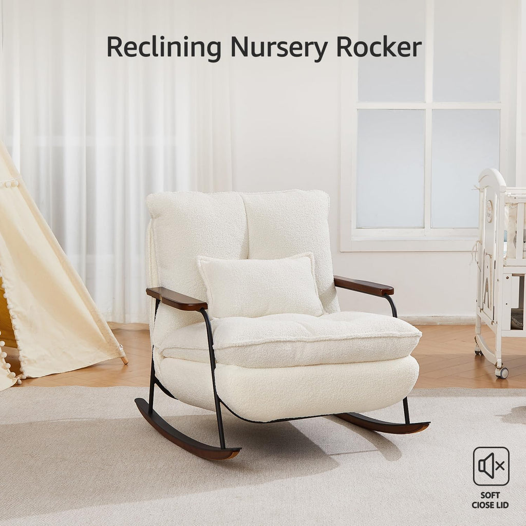zyz Nursery Rocking Chair with Pillow, Teddy Upholstered Oversized Accent Chair Rocker Recliner, Solid Wood Frame, DIY Ottoman Footrest, Lazy Sofa for Living Room Bedroom (Teddy, White)