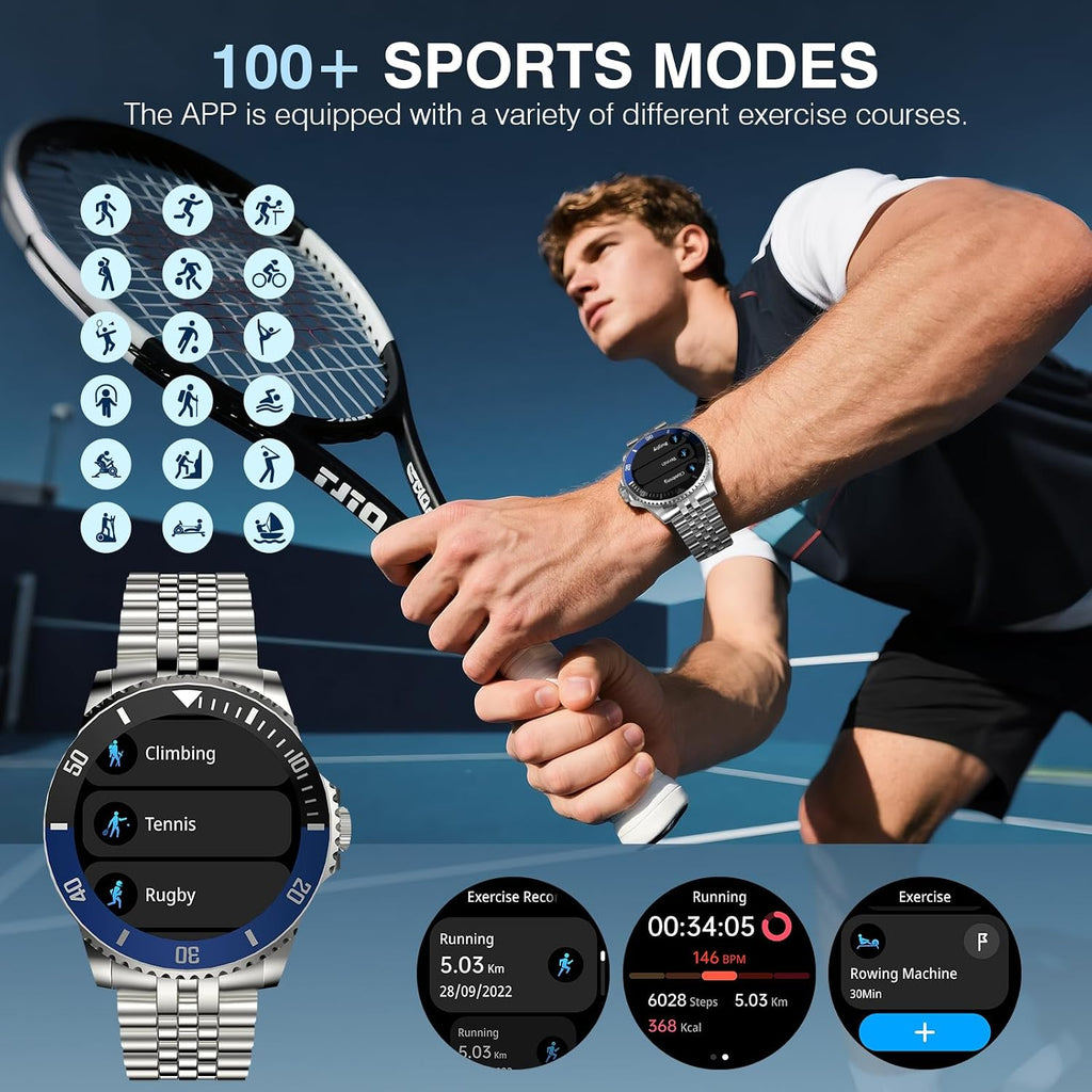 SOUYIE 2025 DA GPT Smart Watch for Men, Heart Rate, Blood Pressure, Blood Oxygen, Sleep Monitor, 107 Sports Modes, 1.19-inch AMOLED Display, Waterproof Round Watch, Compatible Android iOS Silver Blue