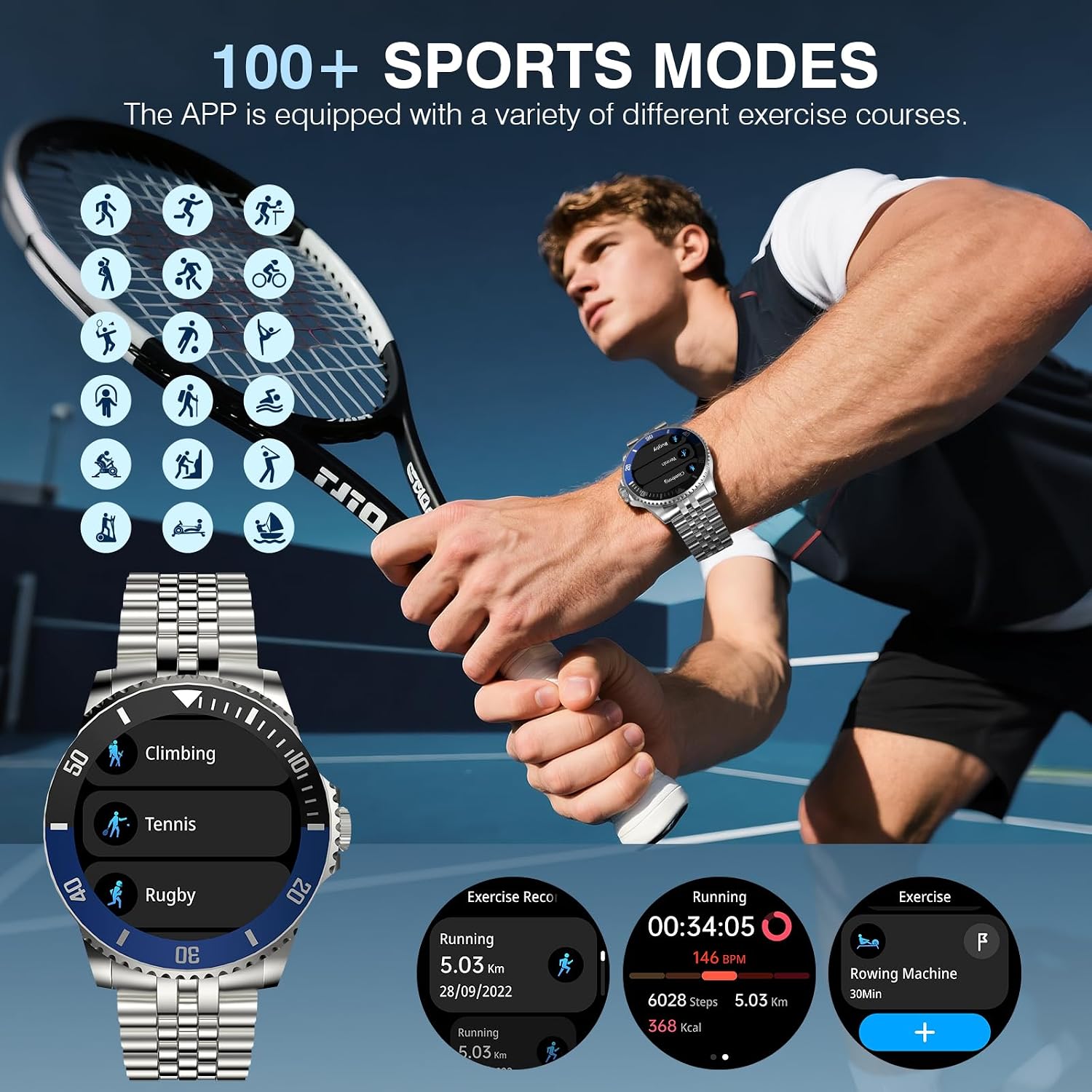 SOUYIE 2025 DA GPT Smart Watch for Men, Heart Rate, Blood Pressure, Blood Oxygen, Sleep Monitor, 107 Sports Modes, 1.19-inch AMOLED Display, Waterproof Round Watch, Compatible Android iOS Silver Blue