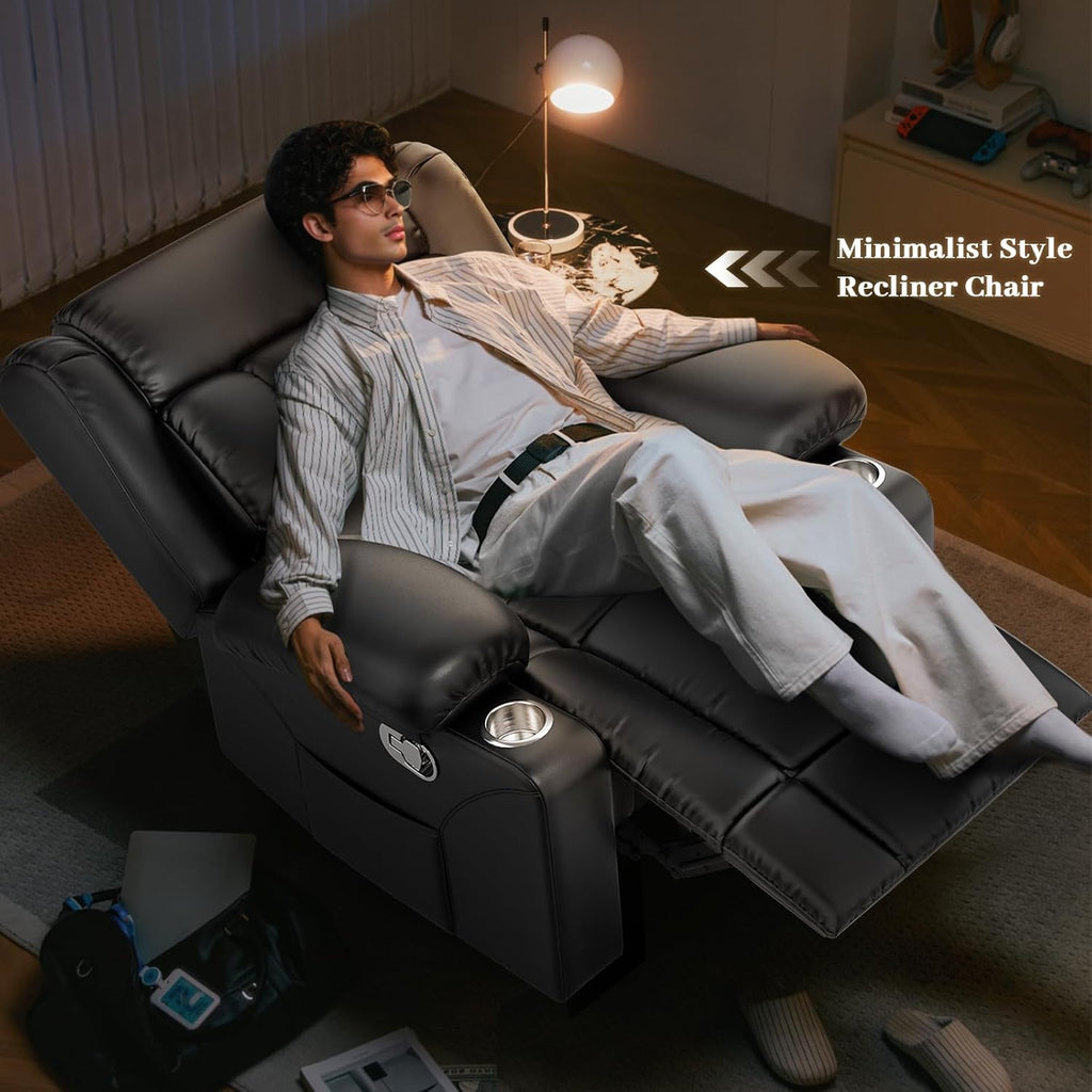 FURNIMAT Recliner Chair, Oversized Manual Reclining Chair for Adults, Single Reclining Sofa with Cup Holder & Pocket, Lounge Recliner for Living Room Home Theater Seating RV Chairs