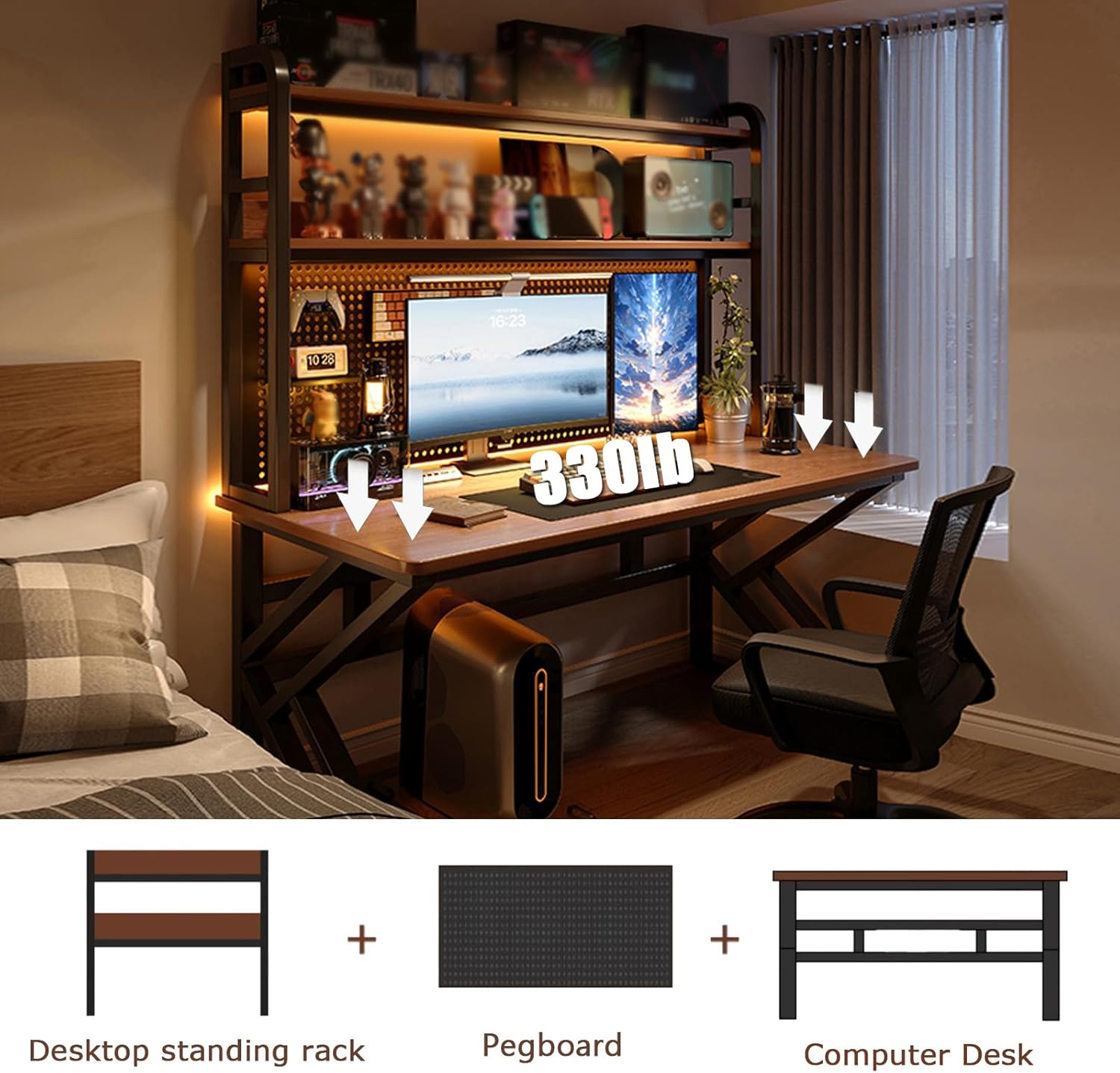 39.4in Computer Desk with Pegboard, Gaming Desk with Storage Shelves, PC Gamer Workstation Desk, Modern Study Writing Table for Home Office Bedroom (Brown, 39.4in/100cm)