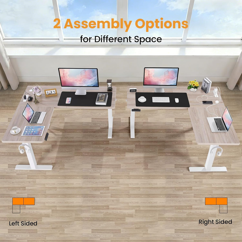 63' L Shaped Standing Desk with Charging Station,Supports Left and Right Swapping,Electric Height Adjustable Corner Stand Up Desk.Free Hook, Lockable Wheels,Mouse Pad,Oak