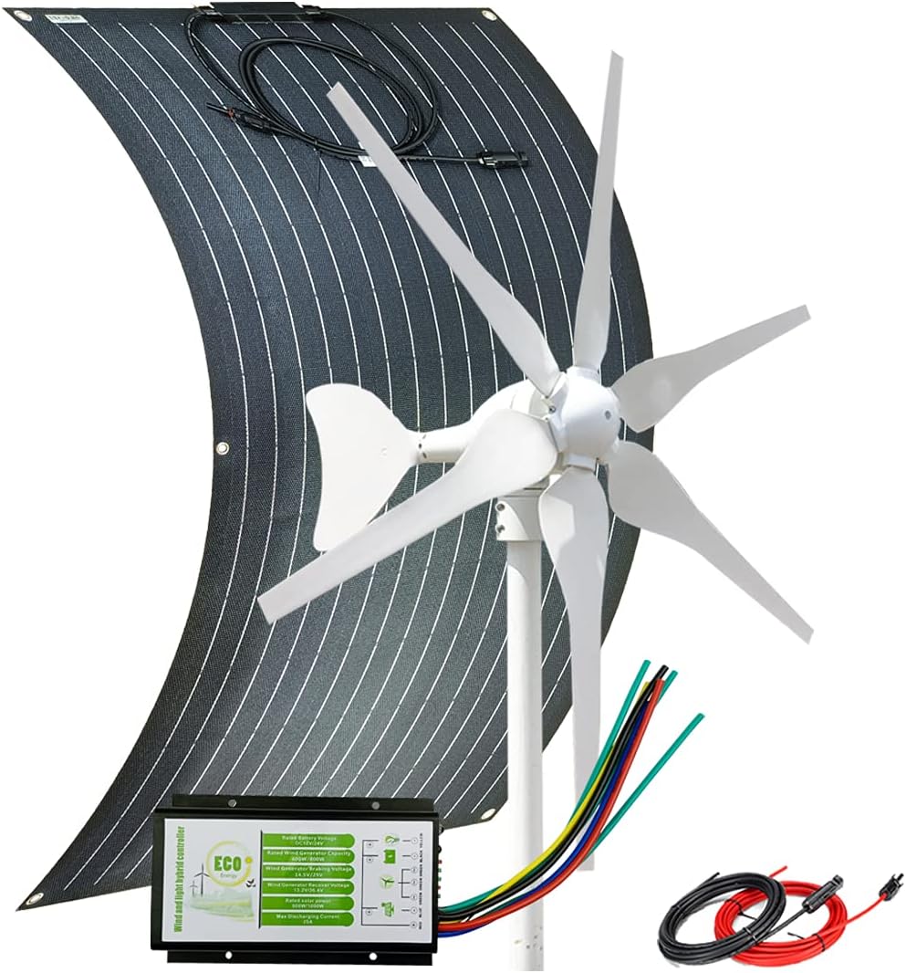 100W ETFE Flexible Monocrystalline Solar Panel for RV Boat + 400W 12V Wind Turbine Generator + Hybrid Controller + Solar Extension Cable - 500W Solar Wind Hybrid System