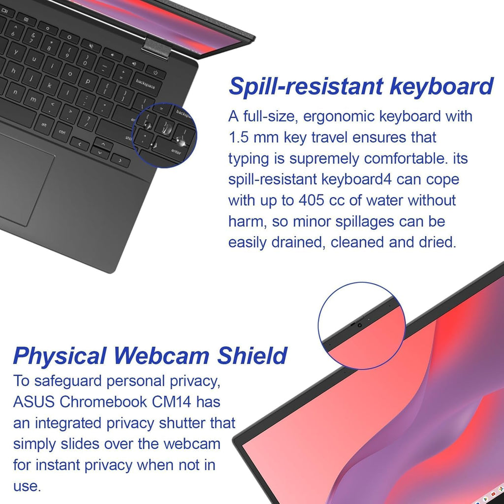 ASUS Chromebook CM1402C, 14' Full HD Laptop, MediaTek Kompanio 520, 4GB LPDDR4x-3600 MHz RAM, 128GB Storage(64GB eMMC+64GB Micro SD), Webcam, WiFi 6, Bluetooth, Chrome OS, Gravity Gray