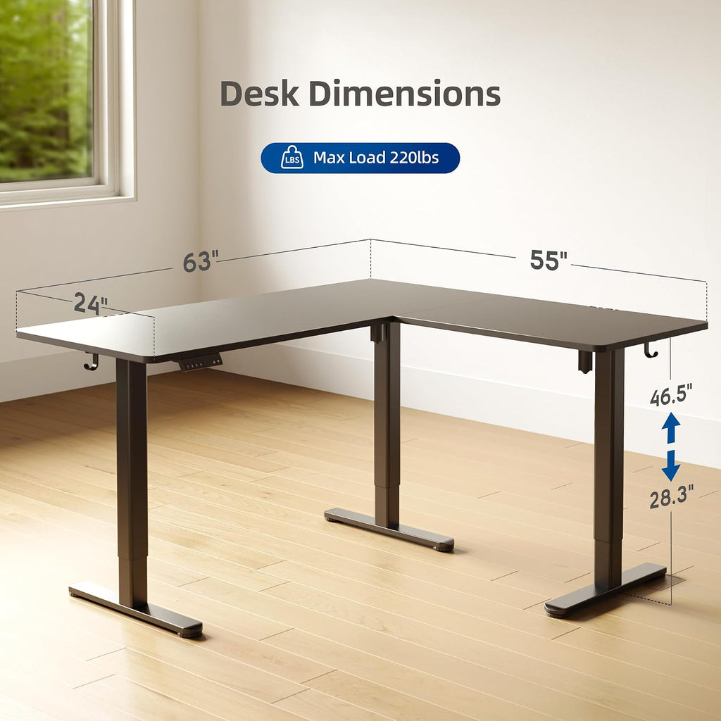 YDN L Shaped Standing Desk, Electric Standing Desks L Shape Adjustable Height Dual Motor, 63 x 55 Inch Corner Standing Desks with Splice Board for Home Office, Large Standing Desk, Black