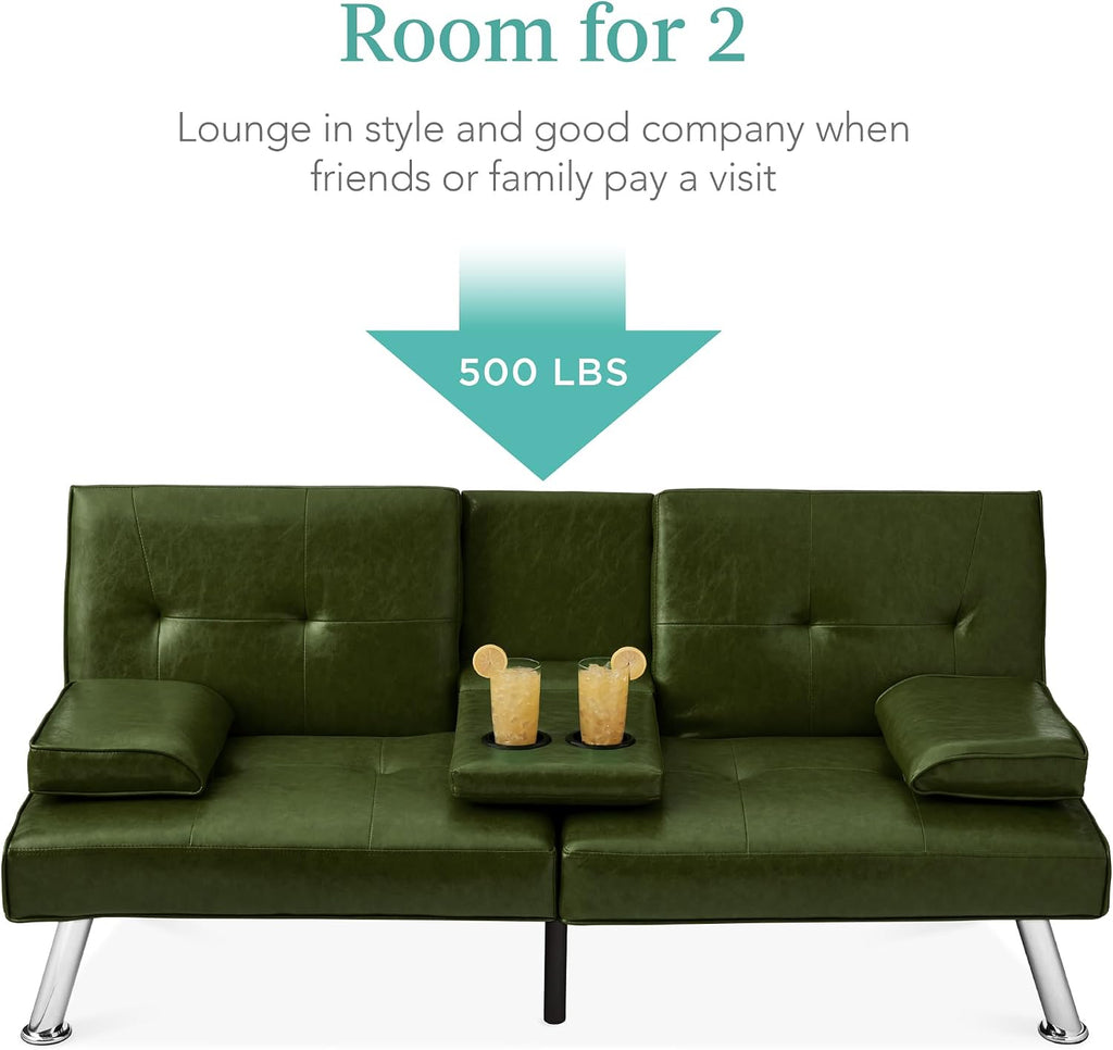 Best Choice Products Faux Leather Upholstered Modern Convertible Futon, Adjustable Folding Sofa Bed, Guest Bed w/Removable Armrests - Dark Green