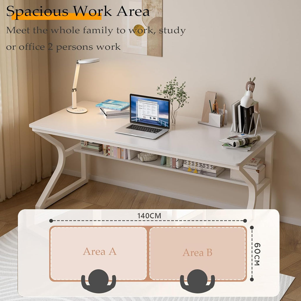 OSCHF Extra Long Desk with Bookshelf - 55' Double Long Writing Table for 2-Person Workstation, Modern Study Work Computer Desk for Home and Office, Warm White