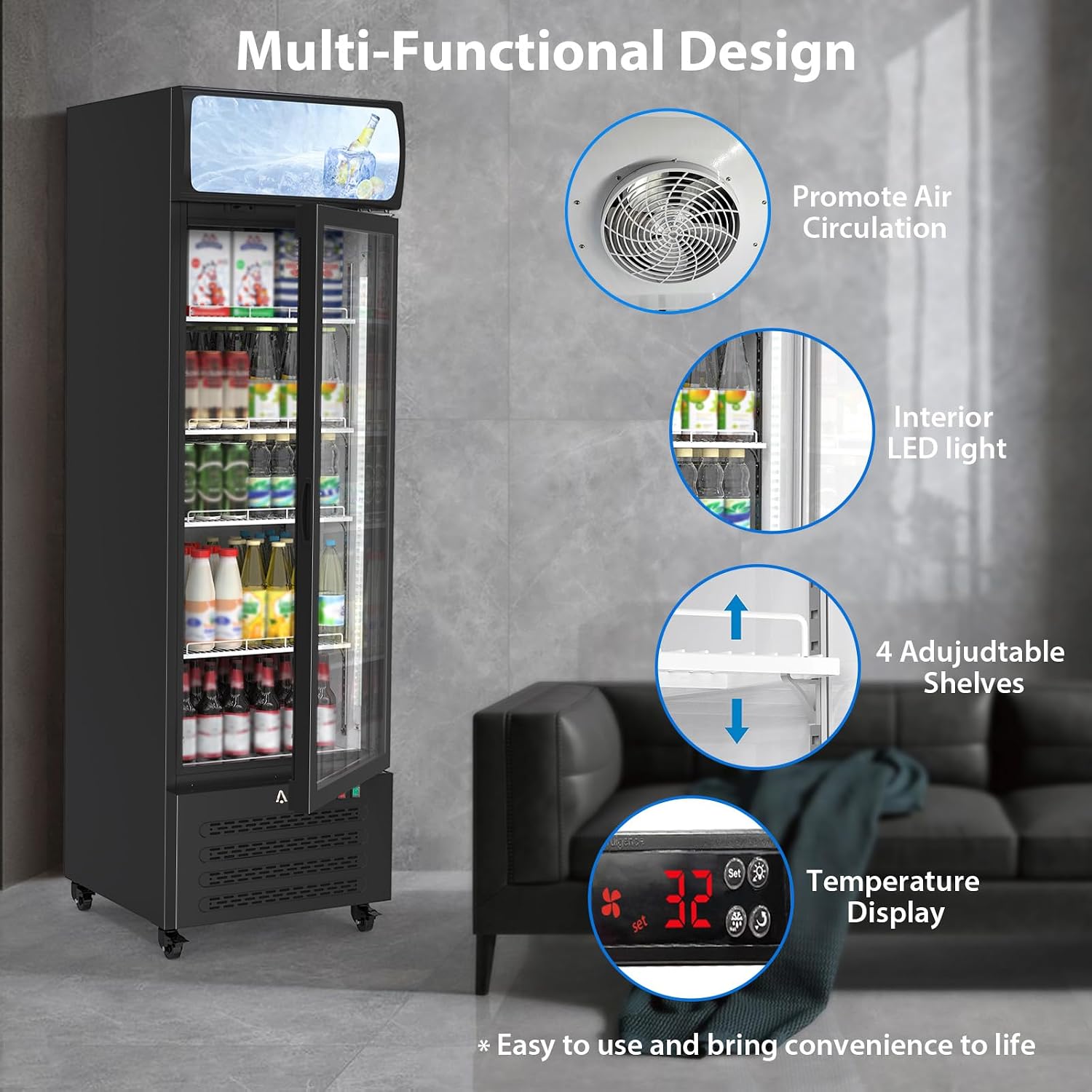 IDEALHOUSE 13.4 Cu.Ft Commercial Display Refrigerator, Single Glass Door Beverage Cooler with 4 Adjustable Shelves & LED Lighting, Black Drink Fridge for Store or Home