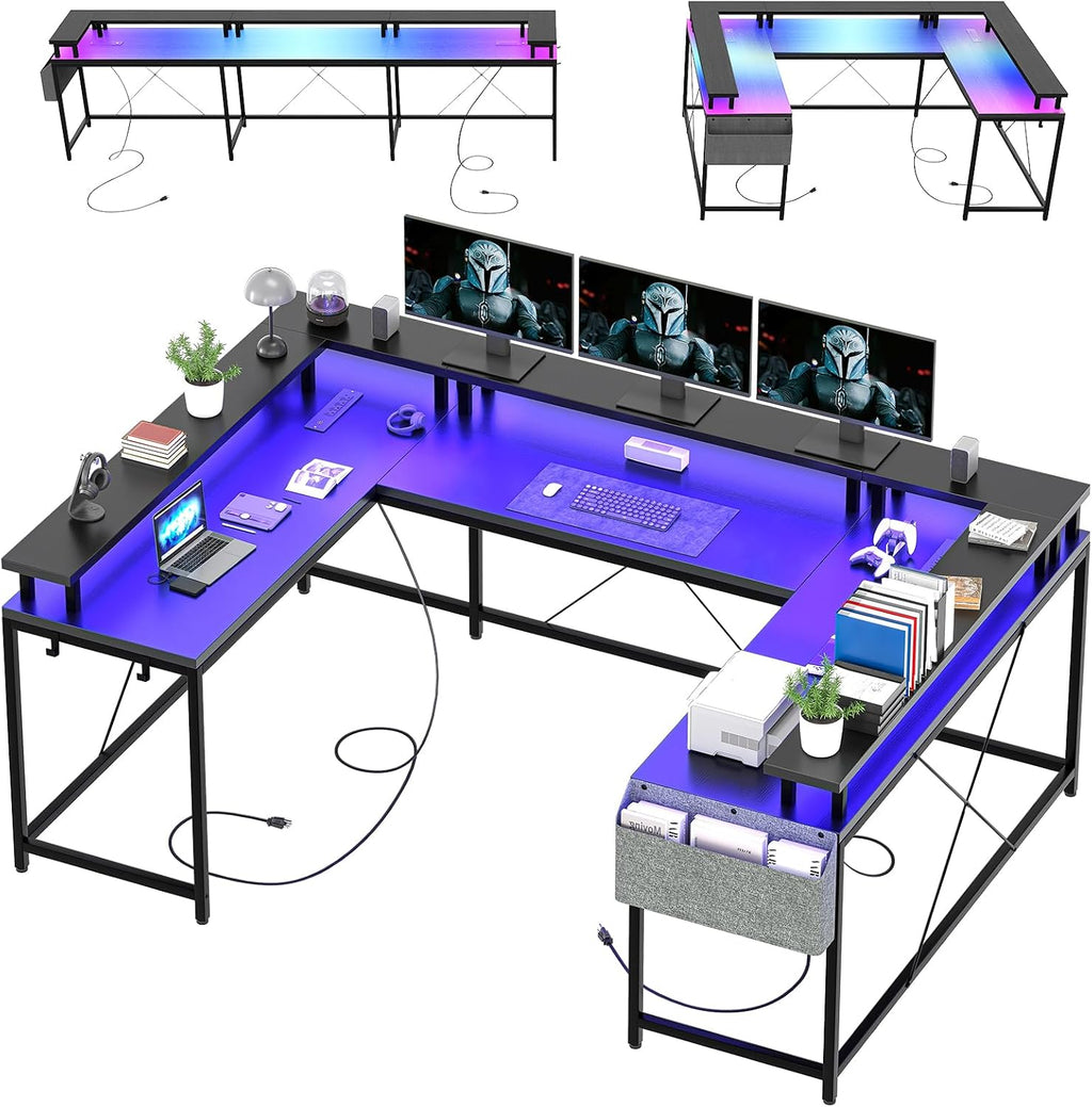 Patikuin U Shaped Desk with Power Outlets, USB Ports & RGB LED Lights, 79 Inch Large Corner Computer Desk with Monitor Stand, Reversible Gaming Desk for Home Office, Ergonomic Workstation (Black)