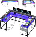 Patikuin U Shaped Desk with Power Outlets, USB Ports & RGB LED Lights, 79 Inch Large Corner Computer Desk with Monitor Stand, Reversible Gaming Desk for Home Office, Ergonomic Workstation (Black)