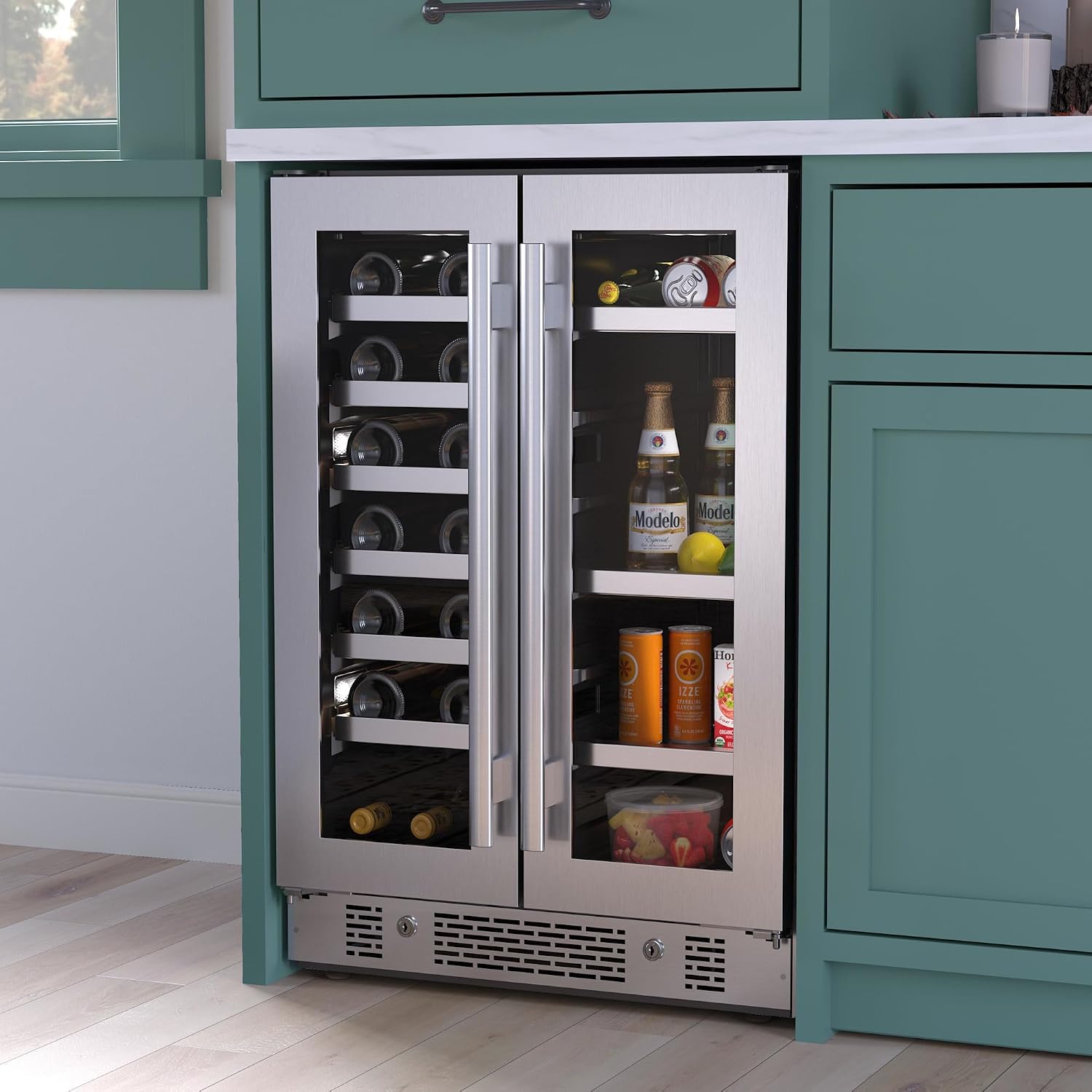 Avallon AWBC241GGFDBLSS 24 Inch Wide 21 Bottle Capacity 64 Can Capacity Beverage Center with LED Lighting and Double Pane Glass