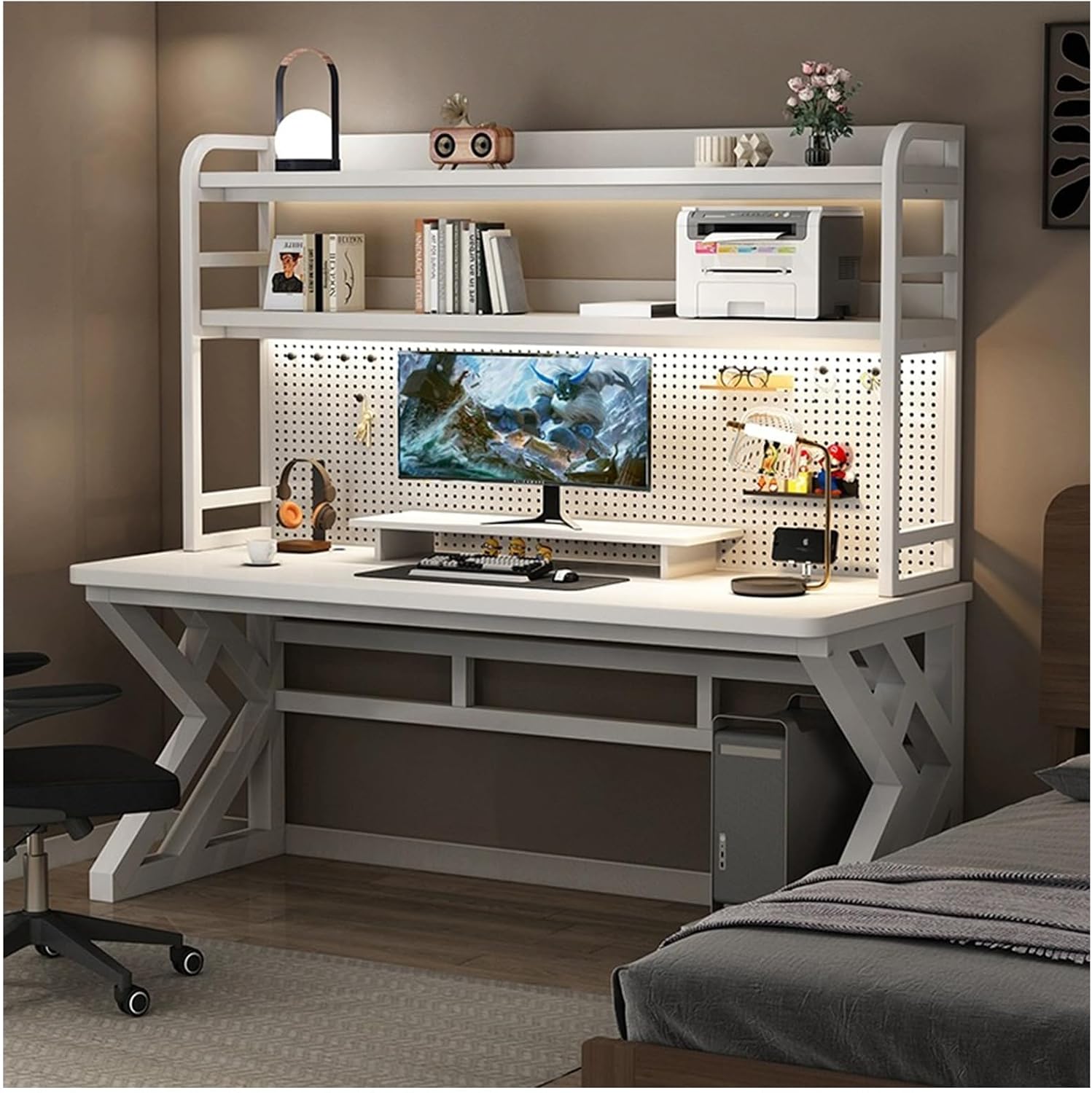 39.4in Computer Desk with Pegboard, Gaming Desk with Storage Shelves, PC Gamer Workstation Desk, Modern Study Writing Table for Home Office Bedroom (White, 39.4in/100cm)