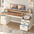 YOMILUVE 65 Inch Computer Desk with 3 Drawers & Storage Shelves, Executive Desk with File Drawer & Cabinet, Home Office Desk with Long Monitor Stand & Printer Shelf, Antique White