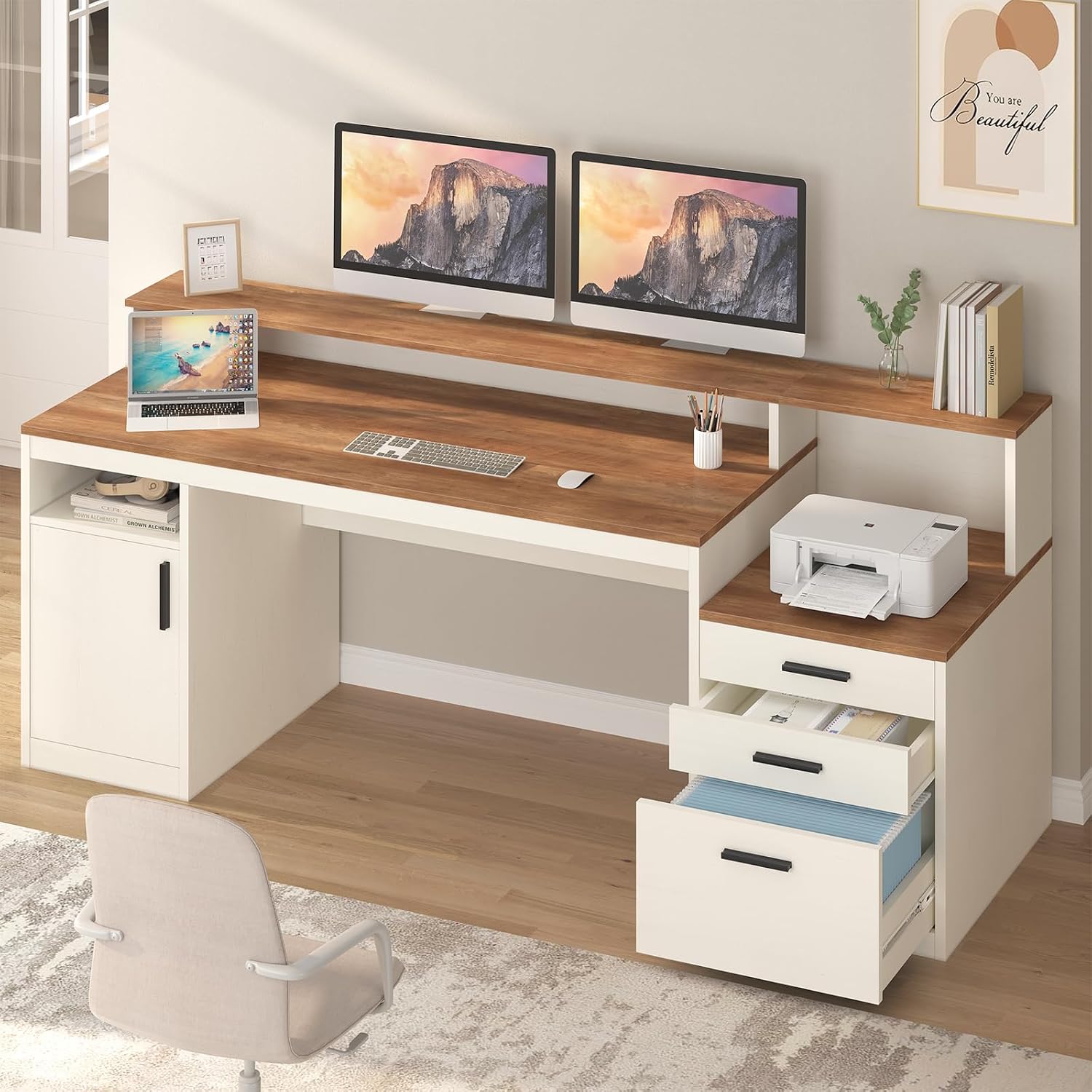 YOMILUVE 65 Inch Computer Desk with 3 Drawers & Storage Shelves, Executive Desk with File Drawer & Cabinet, Home Office Desk with Long Monitor Stand & Printer Shelf, Antique White